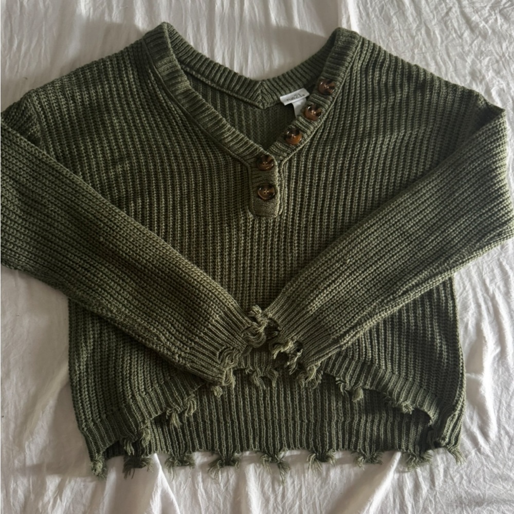 Rue21 Olive V-Neck Sweater with Button Accents